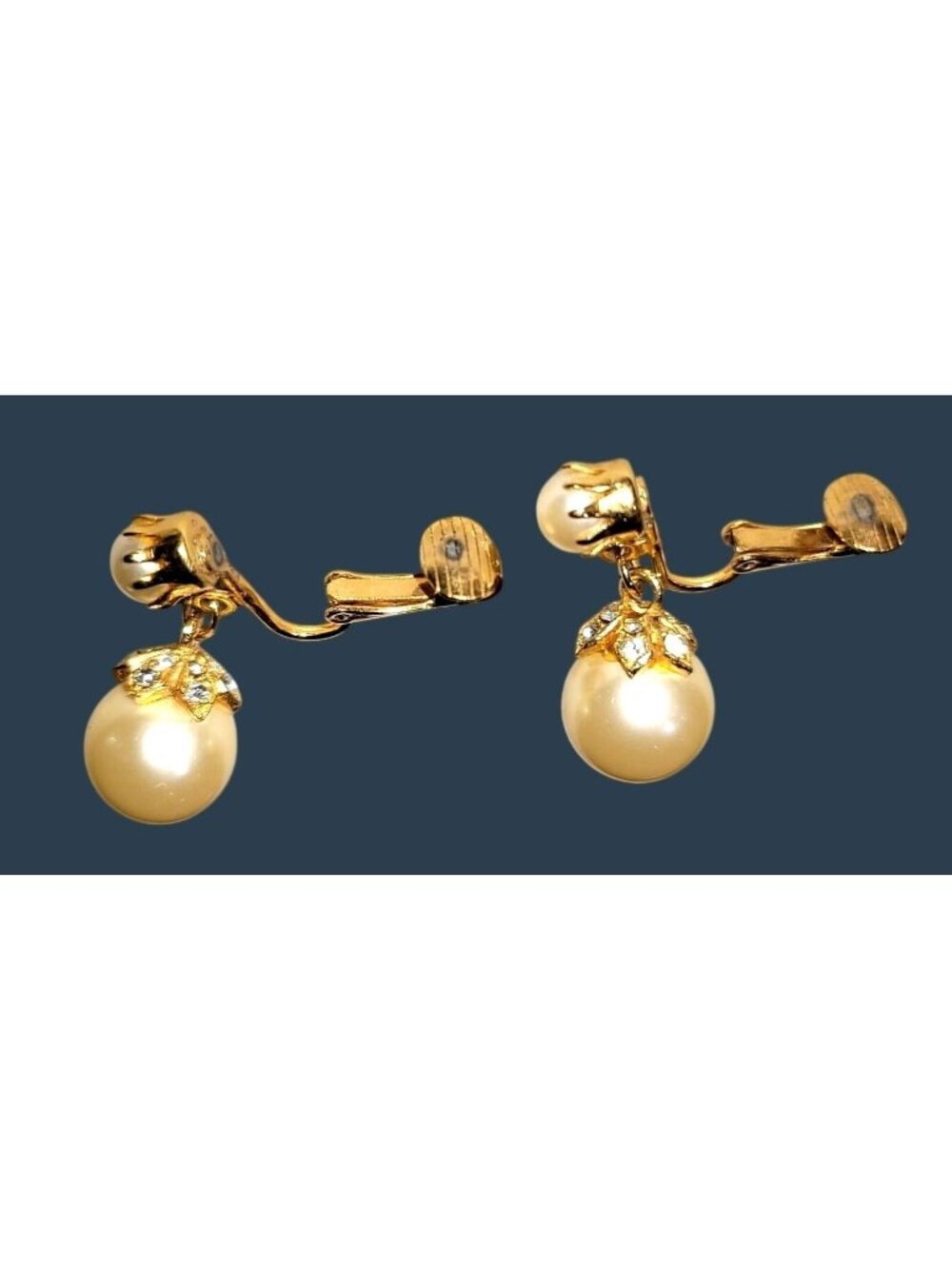 Vtg Gold Tone Clip-on Earrings Faux Pearl Drops with Small Crystal Cap Accents